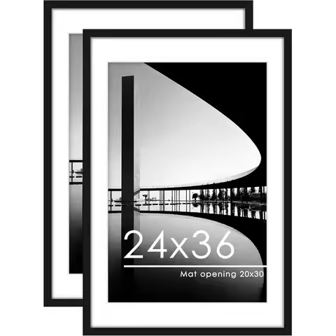 24x36 Black Poster Frame Set, 2 Displays, 20x30 Mats or 24x36 Unmatted, Wall-Mountable Picture Holde