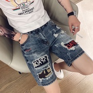 Thin Style Retro Ripped Denim Shorts Men Loose Straight Cropped Pants Men Korean Version Trendy 5 Po