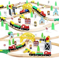 TOY Life Wooden Train Set 60pcs - Wood Tracks for Boys & Girls With Crane - Fits Thomas Brio Melisa 