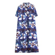 Contrast Color Print Dress Casual Turn-down Collar Single Breasted Women Summer A-line Short Sleeve