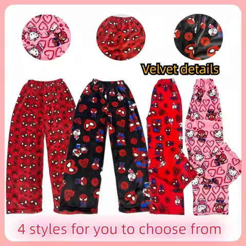 Hello Kitty Spider-man Cotton Velvet Loose Pajamas Pajamas Long Pants Women's And Men's Cartoon Slee