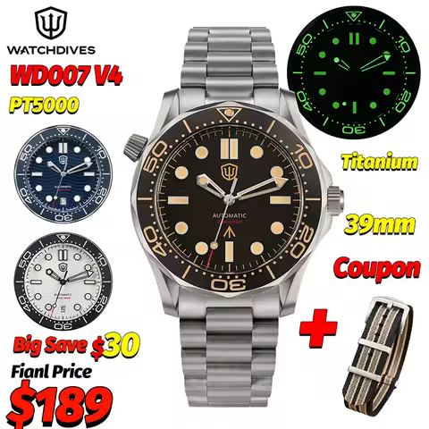 Watchdives WD007 V4 39Mm Automatic Dive Watch PT5000 Mechanical Titanium AR Sapphire Crystal 200M Wa
