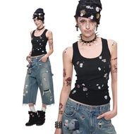 1JINN STUDIOX Snoopy Retro Sticker Print Washed Wide U-Neck Vest