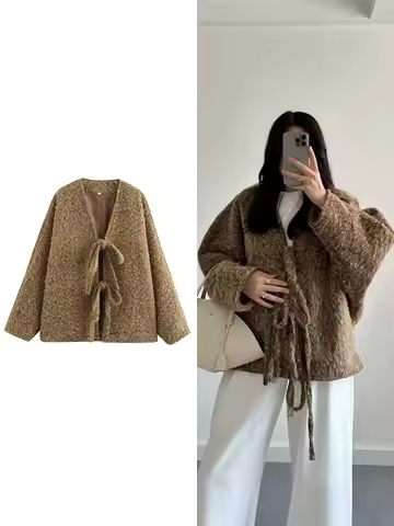 New Women's Small Cardigan V Neck Mao Mao Jacket Fashion Retro Bow Tie Design Solid Colour Jacket Au