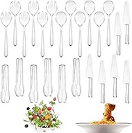 Lanties 24 Pcs Plastic Serving Utensils Set Disposable Utensils Includes 18 Pcs Serving Spoons Forks Tongs and 6 Pcs Plastic Cake Server for Birthday Party Buffet Cutlery for Serving Food (Clear)