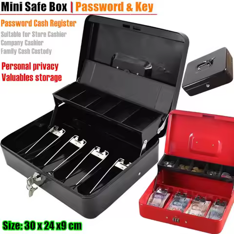 XL:30x24cm Metal Mini Safe Box Key Lock Store Money Coin Cashier 2-layer Fold Password Cash Register