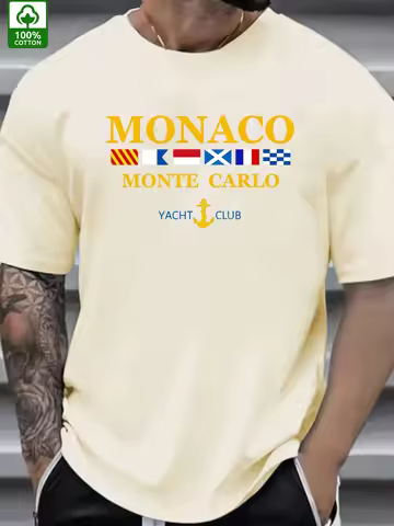 Summer Trend Men's Cotton T-Shirt MONACO Alphabet Flag Style Pattern Printing Outdoor Wear Men's Fas
