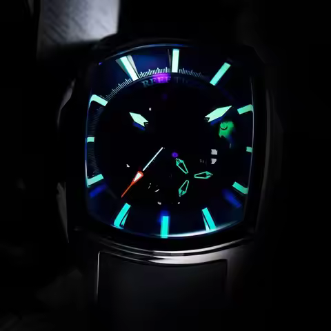 Reef Tiger Men Automatic Watch Tonneau Mechanical Wristwatch Skeleton Dial Luminous Small Second Dia