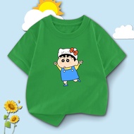 Childrens T-shirt SANRIO เสื้อยืดแขนสั้นลําลอง พิมพ์ลายการ์ตูนชินจัง สีเขียว สีฟ้า สีส้ม แฟชั่นฤดูร้