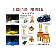 2 Pcs/Set PERODUA VIVA 3 Colour Car Headlight LED Sepasang Mentor Lampu Besar Car LED Headlamp Bulb 