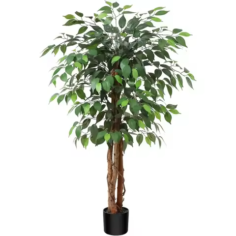 4FT Artificial Ficus Tree with Natural Wood Trunk and Realistic Leaves, Silk Faux Ficus Tree for Hom