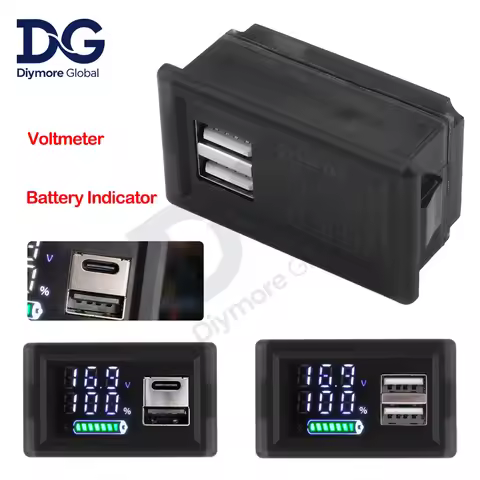USB+Type-C Voltmeter Battery Charge Level Indicator 9-24V/18W LED Display Lithium Battery Capacity M