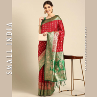 {**ส่งฟรี**} SMALL INDIA 🥻 Beautiful Zari Work Silk Saree Dress Material ONLY 🥻 Women Red Silk Saree