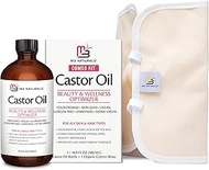 Pure Castor Oil Pack Kit - Large Hexane Free Cold Pressed Castor Oil in Glass Bottle plus Adjustable and Reusable Organic Cotton Castor Oil Wrap Kit for Detox &amp; Wellness Practices (1 of Each)