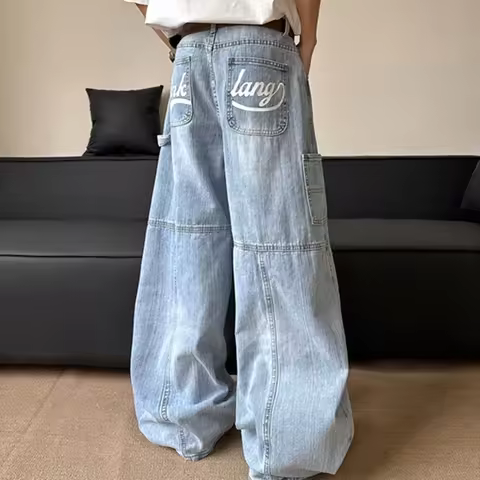 American Retro Letter Printed Baggy Cargo Jeans For Men Y2K Streetwear Straight Blue Denim Pantalone