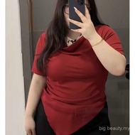 40-150kg M-5xl300斤大码胖mm韩版气质荡领纯欲不规则修身遮肉显瘦短袖T恤女上衣fat pulssize overszie girls T-shirts