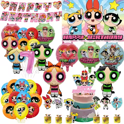Birthday Decorations Powerpuff Girls Cake Topper Decor Tableware Banner Backdrop Balloons Powerpuff 