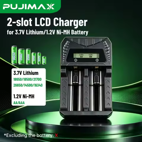 PUJIMAX 2-Slot LCD Battery Charger with Type-C For 18650 21700 26650 14500 16340 3.7V Lithium AA AAA