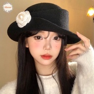 AHOUR Hepburn Style Topper Hat, French Style Flat-top Black Felt Hat, Elegant Beige Woolen Photograp