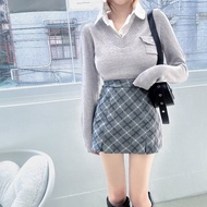 Youth Preppy Style|Fake Two-Piece Knitted Top+Diamond Checked Skirt 2-Piece Suit