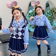 New‑arrival Girls' 3‑Piece Outfit: Preppy‑Style Shirt, Argyle Vest and Pleated Skirt