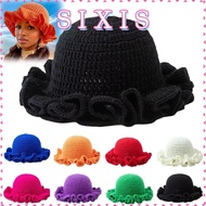 SIXIS Ruffle Hat, Crochet Knit Warm Women Bucket Hat, Floppy Beanie Hat