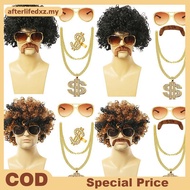 AF 1 Set Men's Bla Short Curly Synthetic Cosplay Wig Gold Brown 70s 80s Disco Mustache Gold Chain Ha