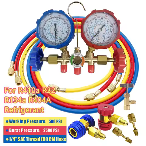 Refrigerant Manifold Gauge Set Diagnostic Air Conditioning Tool Hook Hose for R410A R32 R404A R134A 