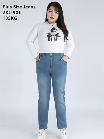 Women Jeans Plus Size 9XL 8XL 7XL 130KG Large High Waist Slim Fit Pants Stretched Dark Blue Long Tro