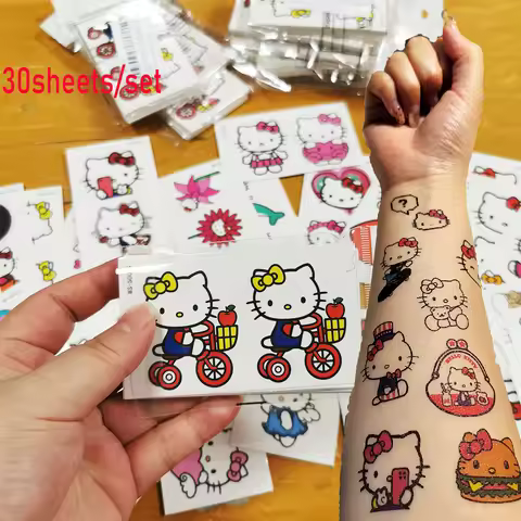 30sheets 60pcs Hello Kitty Temporary Tattoo Sticker Cartoon Kitty Cat Kuromi Waterproof Body Art Dec