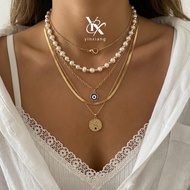 YX Trendy Evil Eye Pearl Layered Necklace Set 4PCS Round Coin Charm Y2K Aesthetic Vintage Fashion Je