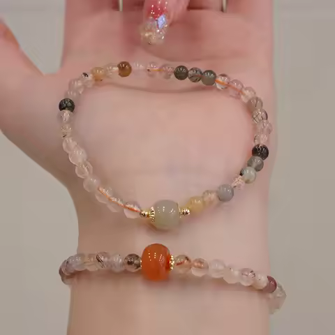 Multicolor Natural Rutilated Quartz Hetian Jade Agate Stones Beaded Stretch Bracelets Bangles for Wo