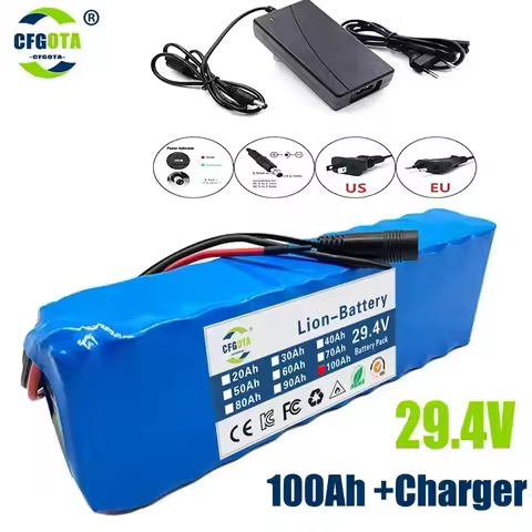 18650 Rechargeable Lithium Battery Pack 7S3P 29.4V 100Ah with BMS Suitable for 24V - 29.4V motors+2A