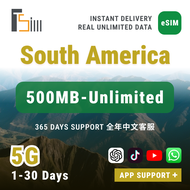 South America (7 Countries) 5G eSIM | 3/5/7/30-Day Plan | Real Unlimited/1GB/2GB Daily | QR Code Ema