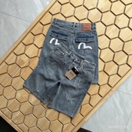 Fushen EVISU 2025 Summer New Style Street Wear Retro Hip-Hop Letter Embroidered Denim Shorts Five-po