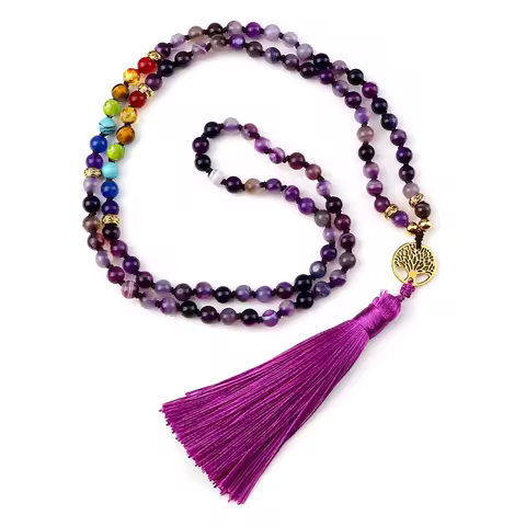 Natural Purple Agates Stone Necklace For Women Girls 7 Chakra Reiki 108 Japamala Mala Beads Knotted