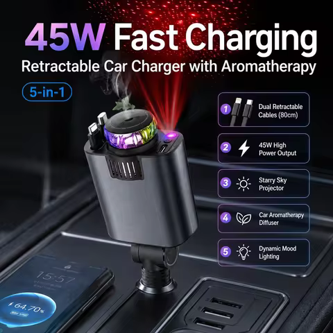 45W Retractable Car Charger with Aroma Diffuser Ambient Light Built-in Lightning Type-C Cable 3 Devi