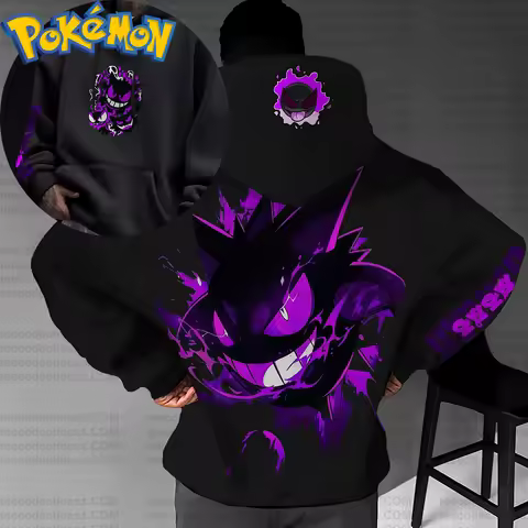 Pokemon Anime Gengar Cotton Hoodie Black Color Character Print with Full Body Purple Ghost Pattern C