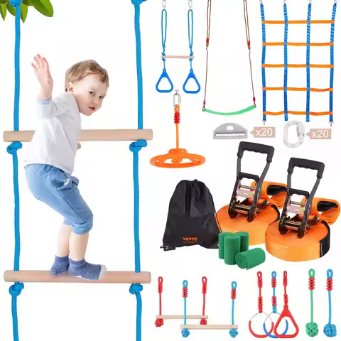 SucceBuy 2x50/56/60/65FT Ninja Warrior Obstacle Course for Kids Weatherproof Slacklines 500lbs Weigh