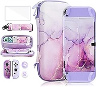 FANPL Case Bundle for Nintendo Switch OLED Accessories, Carrying Case for Switch OLED and Joy Con Controller with Protective Cover and Screen Protector, 2 Thumb Grips, Shoulder Strap - Marble Purple