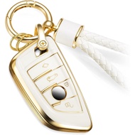 Key Fob Cover with Metal Braided Rope Keychain for BMW Accessories, Upgraded Blade Shape Soft Key Ca