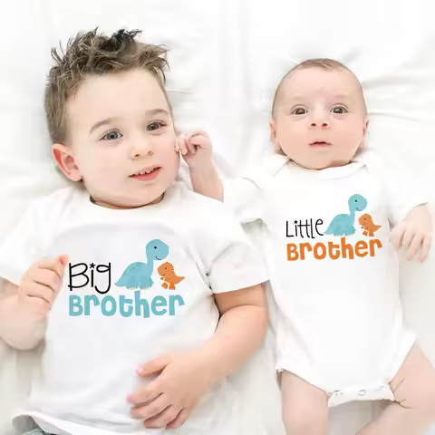 1PC Big Little Brother Siblings Matching T Shirts Dinosaur Truck Airplane Cartoon Boys Newborn Birth