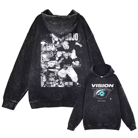 Anime J-Jujutsu Hoodies Vintage Washed Gojo Saturo Hooded Sweatshirts Oversized Manga K-Kaisen Fushi