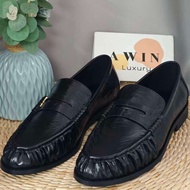 【Awin】Black Ruched Leather Penny Loafers Gold Detail Women's Luxury Gift