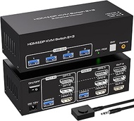 spswhd USB 3.0 HDMI+2 Displayport KVM Switch 3 Monitors 2 Computers 8K@60Hz/4K@120Hz KVM Swticher Monitor Switch for 2 Computers Share Multi Monitor and 4 USB Devices Wired Controller Included