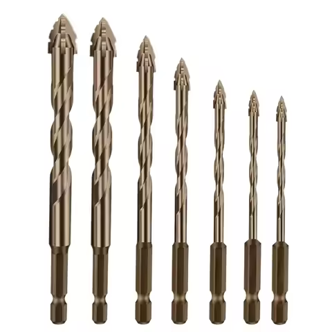 Drill Bit Set 7pcs Carbide Four-Blade Serrated for Dry Drilling Porcelain Tile Ceramic Glass Marble 