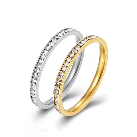 Women's Gold Ring 2mm Thin Silver Color Titanium Stainless Steel Crystal Wedding Rings for Woman Gir