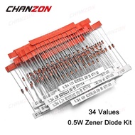 34 Values 0.5W Zener Diode Assorted Kit 2V 3V 3.3V 3.6V 5.1V 5.6V 7.5V 10V 12V 13V 15V 16V 18V 20V 2