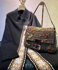 【NA She.歐美精品進口服飾名品】FENDI 經典咖啡色老花喀什米爾羊毛絨 羊毛氈 刺繡特殊限量罕見款 琺瑯釦掀蓋式手提肩背包 大法棍包 Brown Cashmere Zucca Print Ma