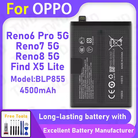 100% New 4500mAh BLP855 Battery For OPPO Reno6 Pro 5G/Reno7 5G/Reno8 5G Replacement Bateria+Free Too